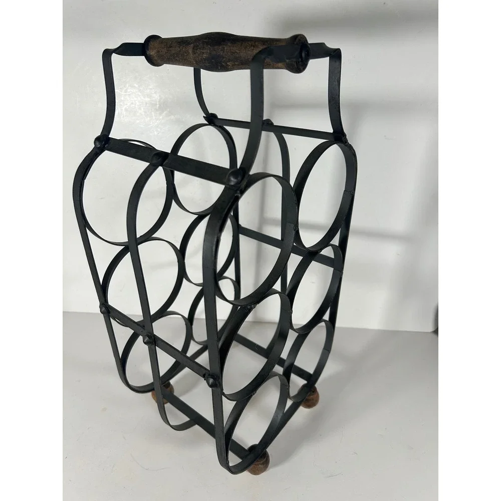 Vintage Wrought Iron 6 Bottle Wine Rack Carrier Wood Handle Rustic Farmhouse